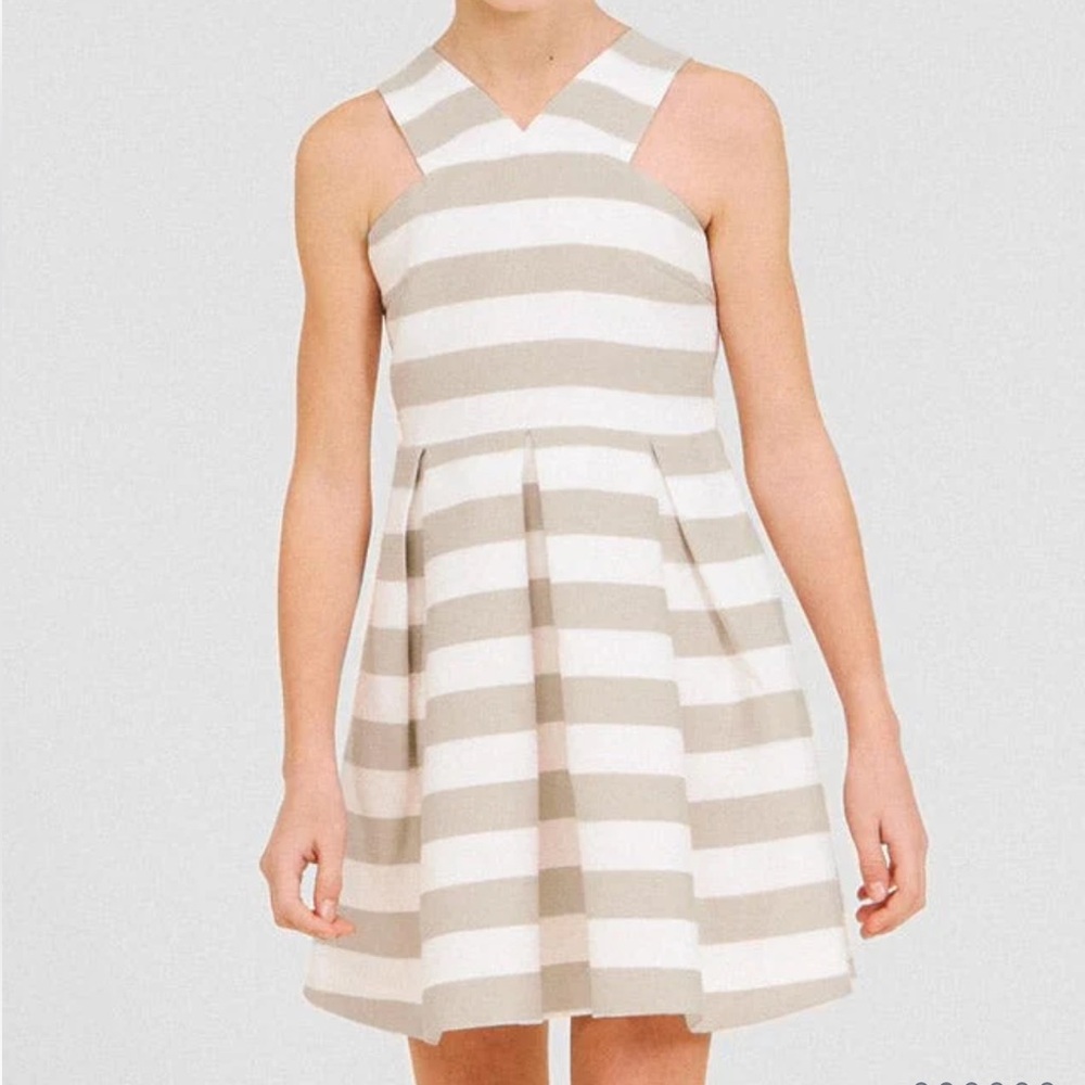 Mayoral Spain ottoman Striped Tan beige ivory‎ Girl’s pleated Dress Sz 12